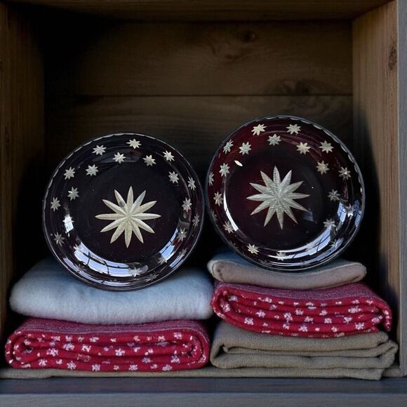 Antique Bohemian Glass Amethyst Cut To Clear Glass Bowls/Trays Lot of 2 - Picture 1 of 2